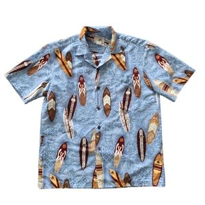 Vintage Ho Aloha Hawaiian Surfboard Blue Button Up Shirt Men's M Short Sleeve